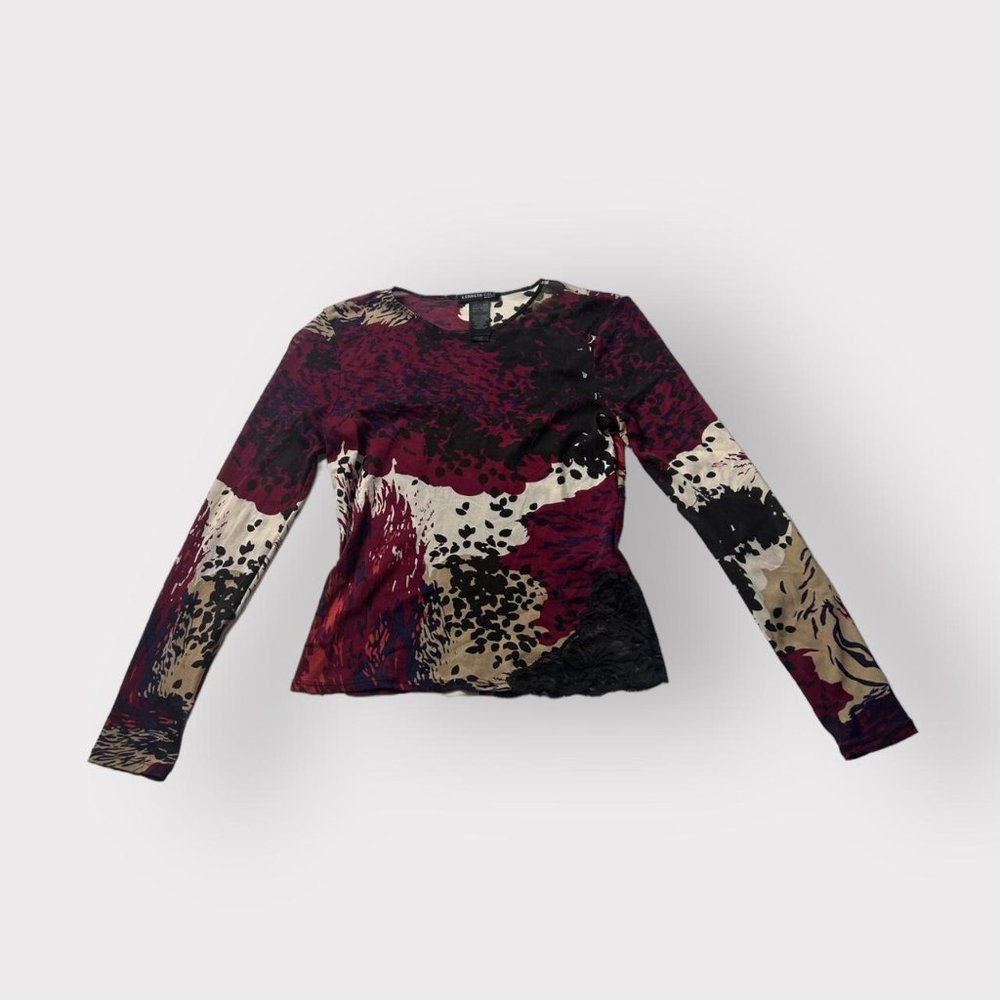 Vintage 1990s Kenneth Cole abstract print long-sleeve mesh top. Size X-Small